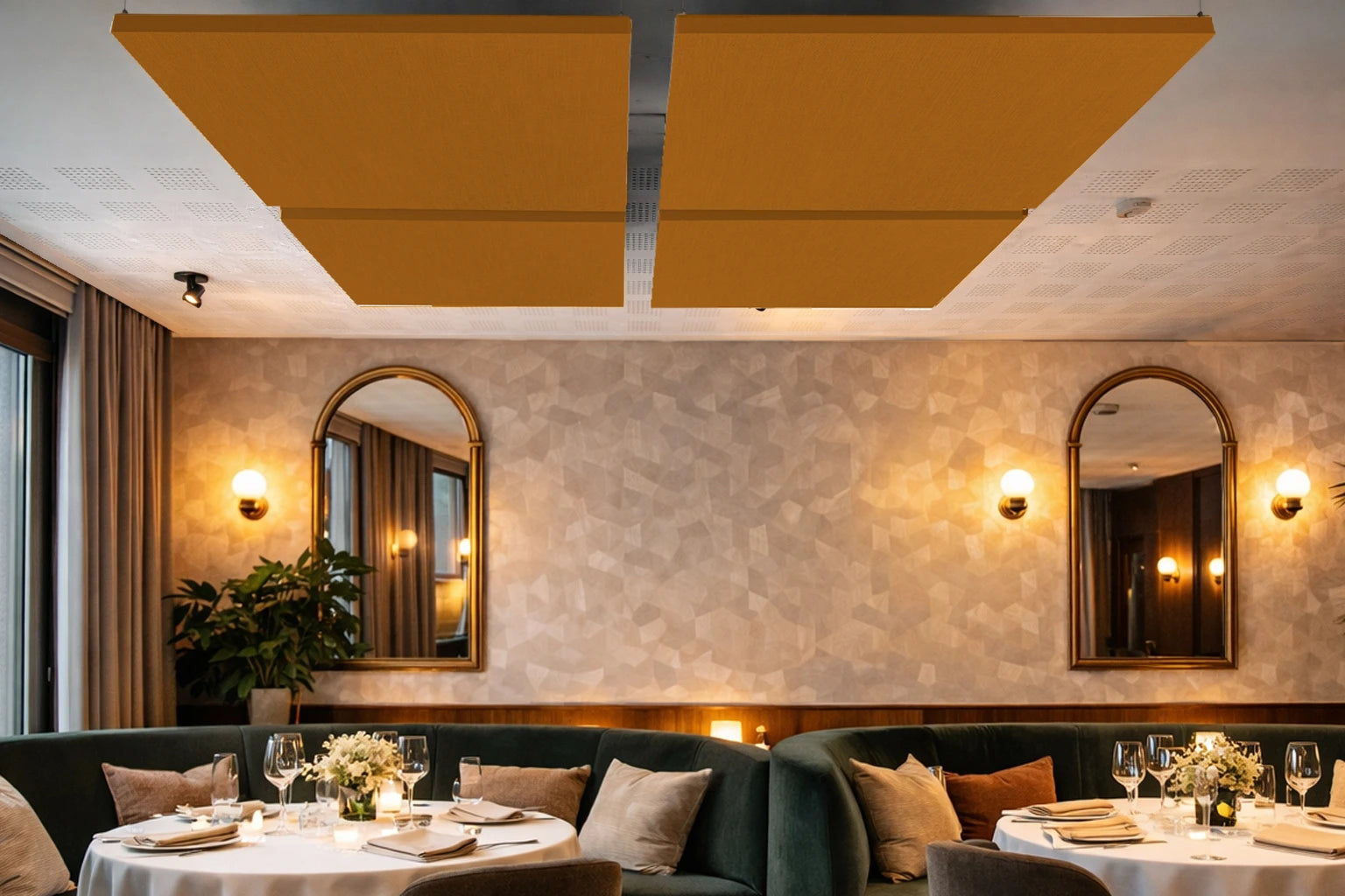 Saffraan linnen akoestisch plafondpaneel in restaurant